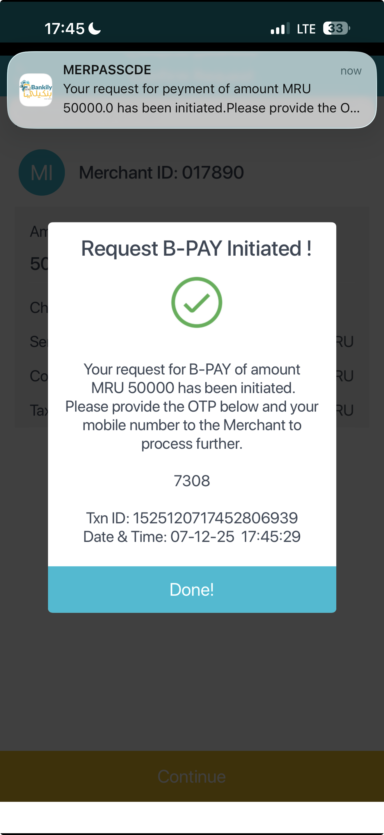 مثال على رفض عملية الدفع في تطبيق بدل